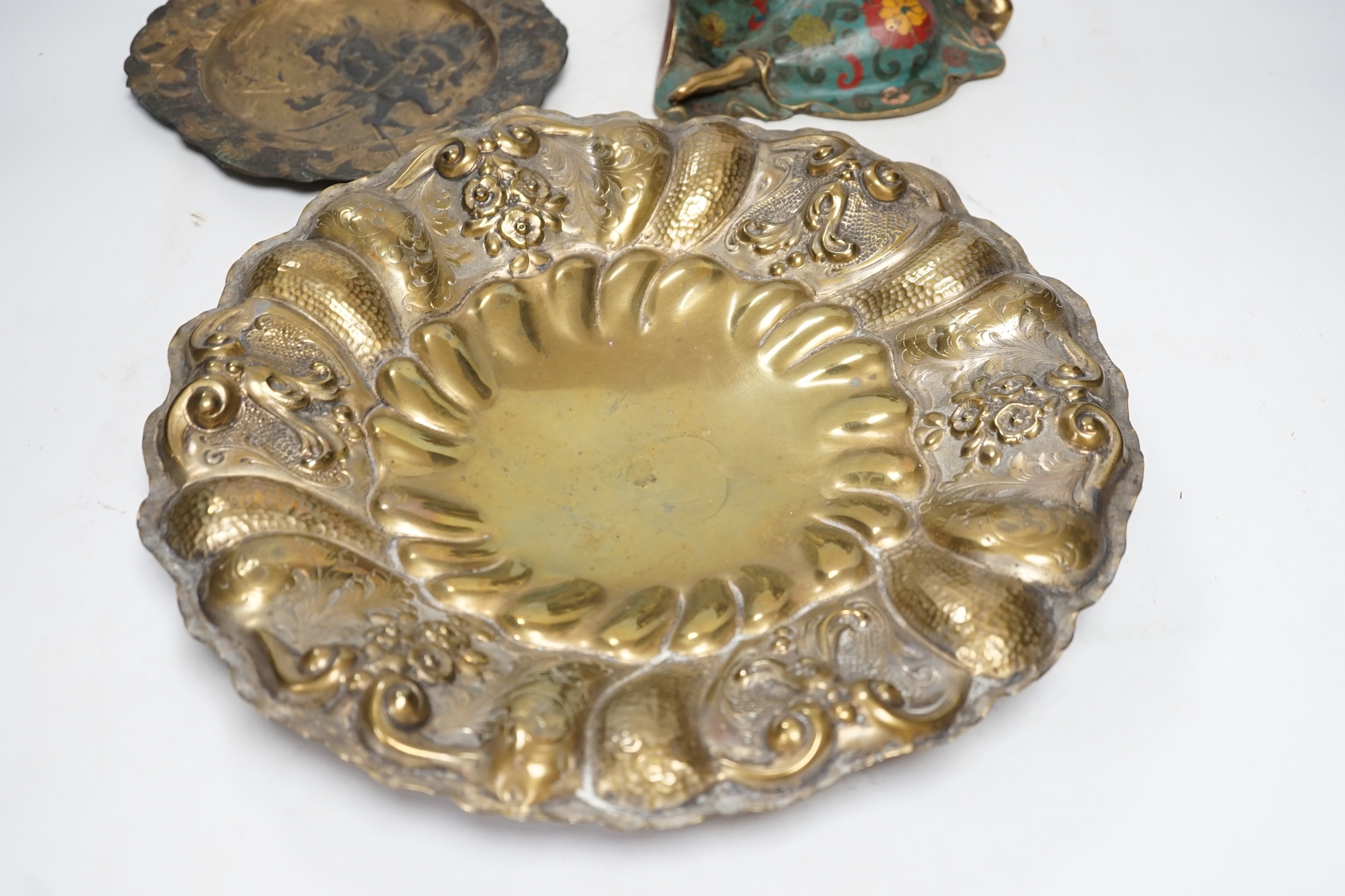 A Chinese cloisonné enamel figure, a Japanese and antimony dish and a large Continental gilt metal dish, figure 26.5cm high. Condition - poor to fair